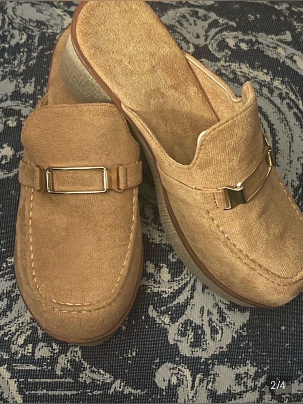 Tan Corduroy Mule Loafers with Buckle Accent